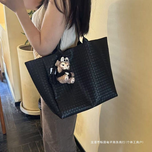 Stylish Weaved Tote Bag for Daily Commute and Casual Outings with Cute Plush Charm