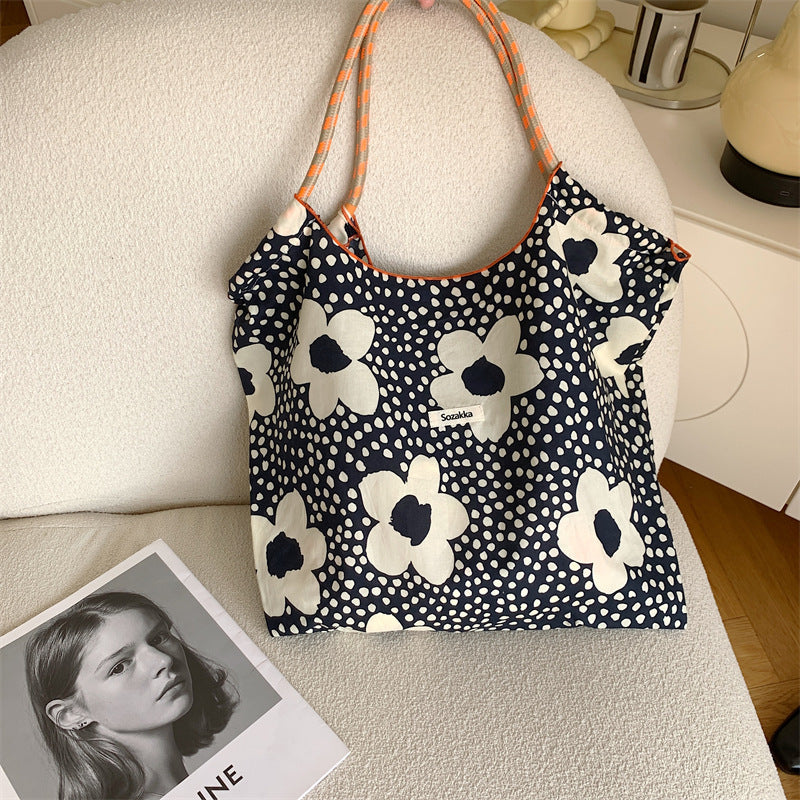 Korean Style Summer Large Capacity Hand Shoulder Bag Drawstring Shopping Bag Fresh Floral Tote Bag Underarm Bag