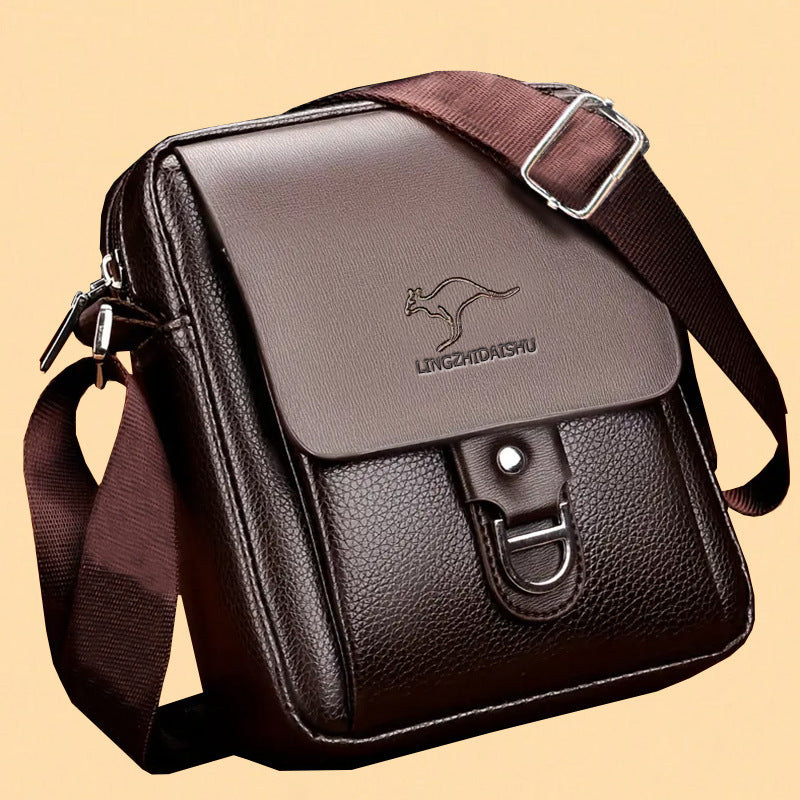 Stylish PU Leather Men's Shoulder Bag with Kangaroo Logo, Business Casual Crossbody Bag for Daily Use