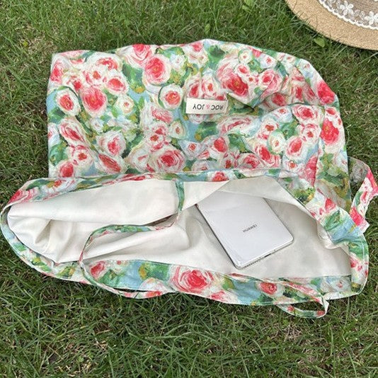 Vintage Oil Painting Floral Cotton Tote Bag, Casual Travel Style with Soft Handle and Inner Pocket