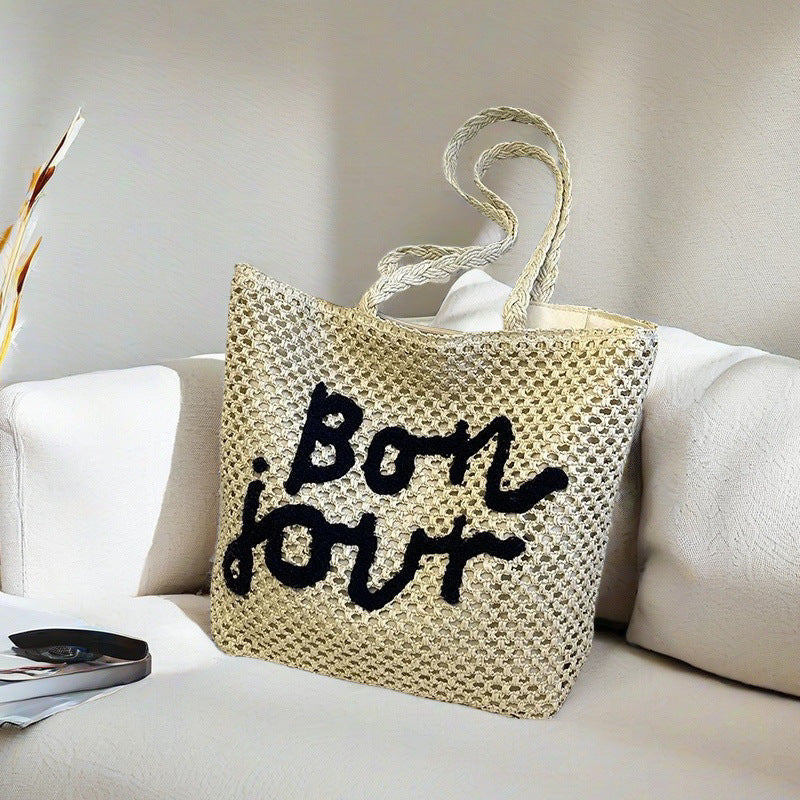 Fashion Letter Embroidery Straw Bag Weaving Hollow Design Vacation Beach Versatile Women's Bag