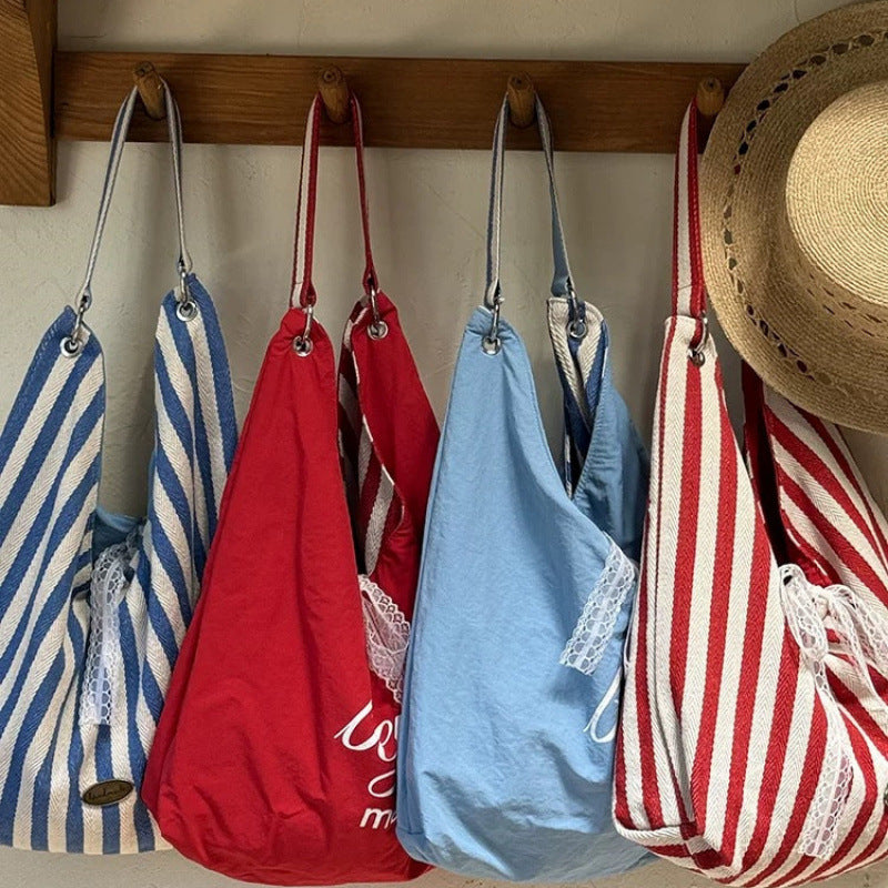 Striped Canvas Tote Bag for Women Summer Casual Large Capacity Shoulder Bag with Lace Detailing