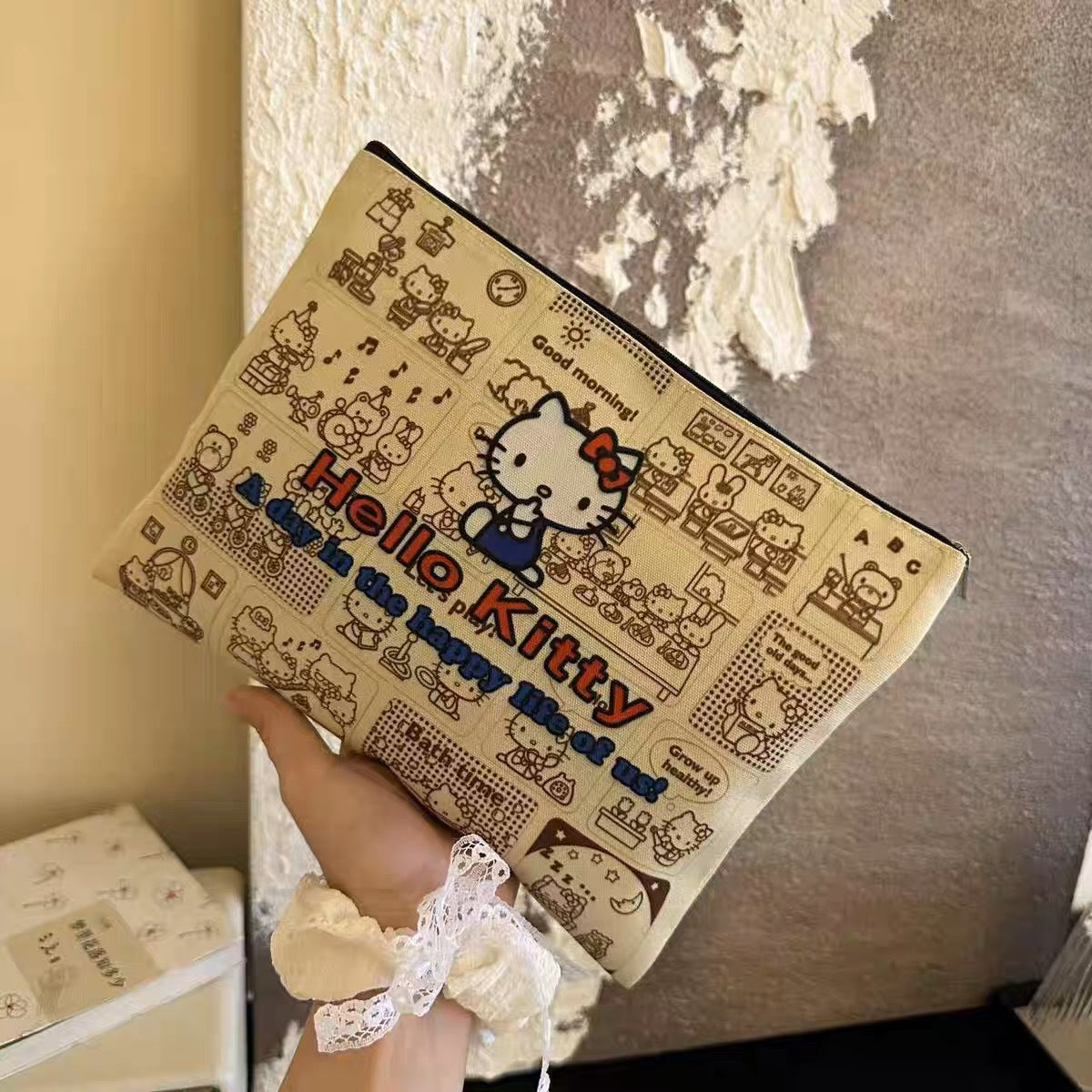 Kitty Cat Cosmetic Bag Female Carrying Hand Canvas Storage Brown New Style Bag