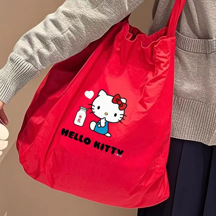 Cute Cartoon Tote Bag with Hello Kitty Print, Large Capacity Soft Canvas Shoulder Bag for Students and Daily Use