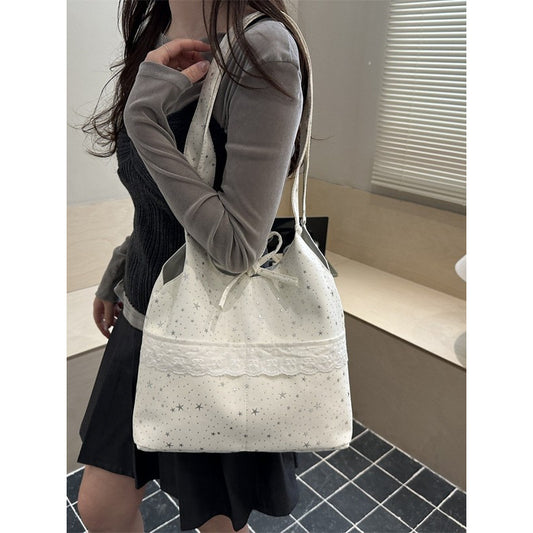Shoulder bag for women, new style, Japanese and Korean bow-knot lace, large capacity, good-looking, fairy student canvas bag