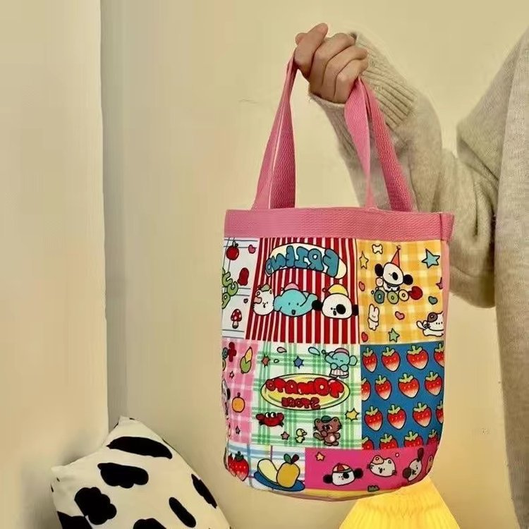 Cute Ice Skating Club Canvas Tote Bag for Kids and Teens, Fashionable Bucket Style with Cartoon Print, Perfect for Daily Use and School