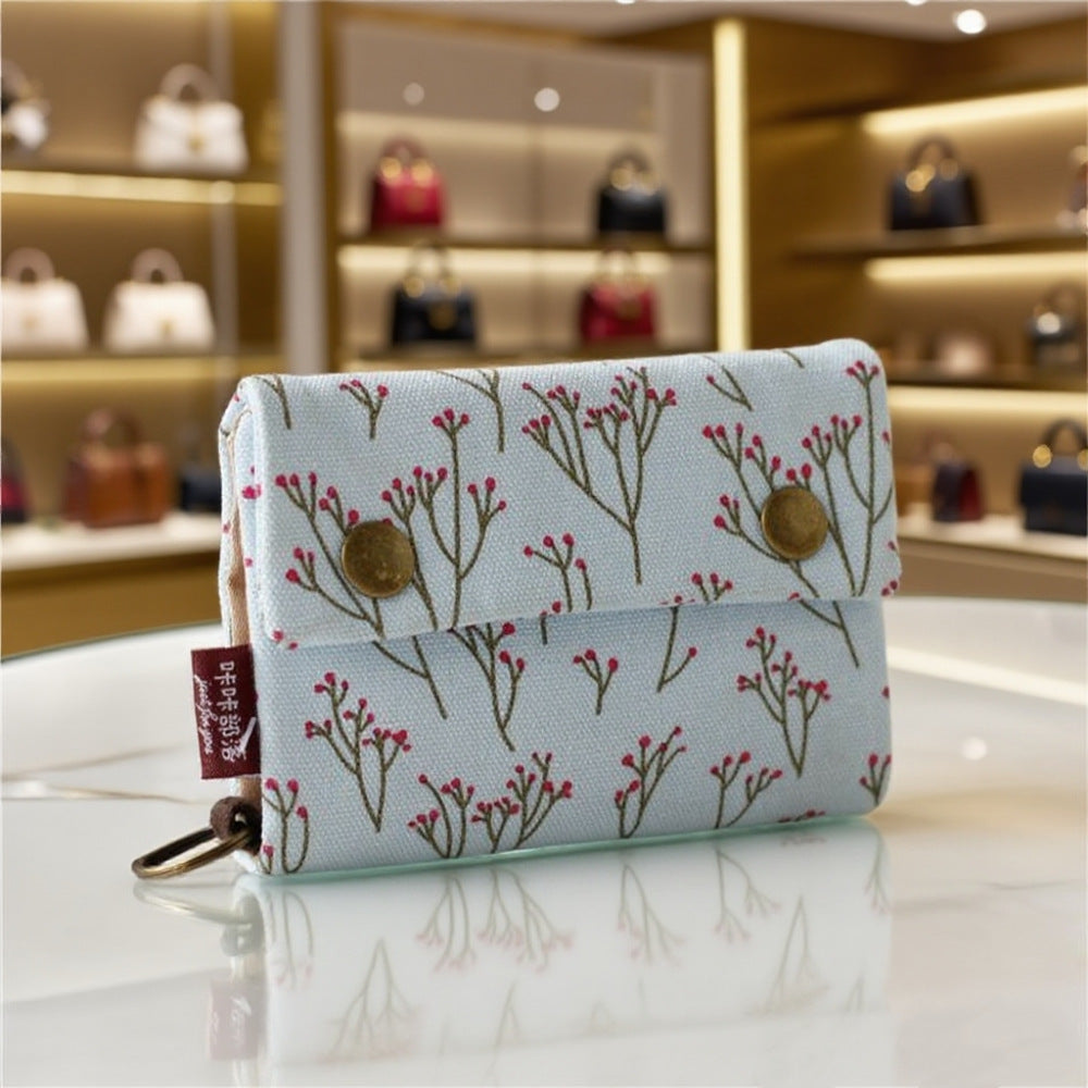 Creative Cartoon Printing Tri-Fold Denim Canvas Wallet Simple Canvas Card Holder Key Case for Both Men and Women