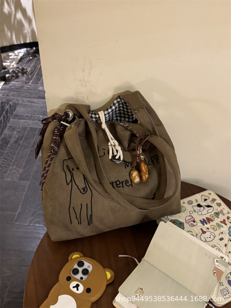 New Embroidered Puppy Deerskin Velvet Shoulder Bag Retro Large Capacity Student Commuter Tote Everyday Joker Fashion Design