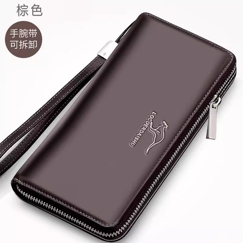 Stylish Men's Long Wallet with Multiple Card Slots, Waterproof PU Leather, Zipper Closure and Wrist Strap for Business Travel