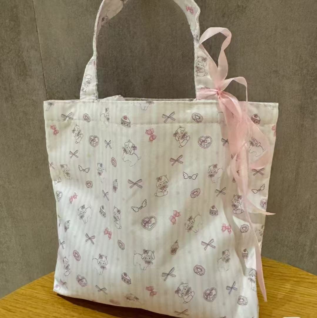 Cute Cartoon Print Tote Bag with Ribbon Bow, Large Capacity Casual Shoulder Bag for Daily Use