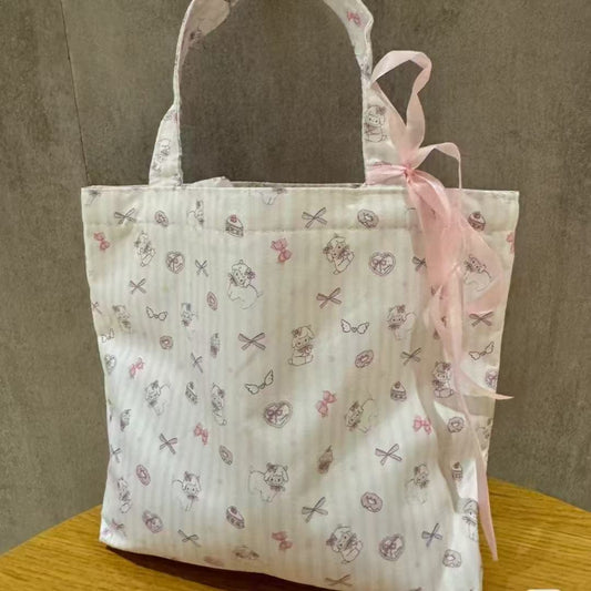 Cute Cartoon Print Tote Bag with Ribbon Bow, Large Capacity Casual Shoulder Bag for Daily Use