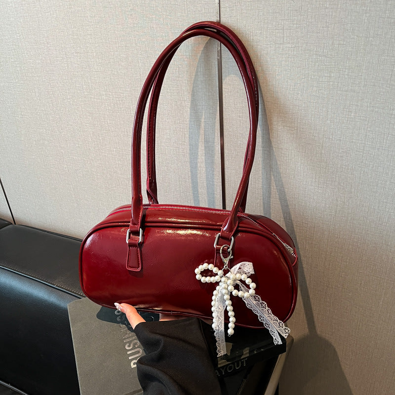 Elegant Pearl Lace Decorated PU Tote Bag with Large Capacity and Zipper Closure for Daily Use