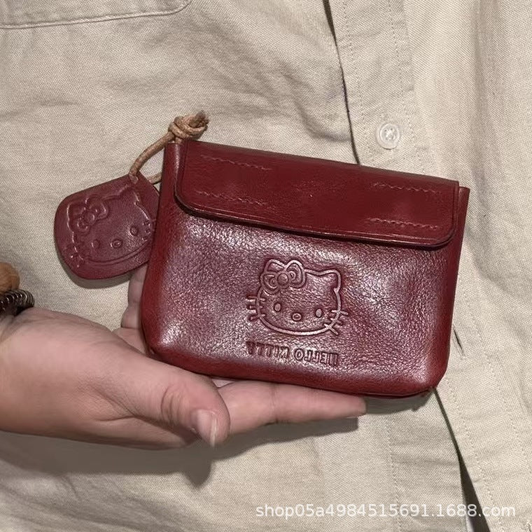 Hello Kitty Handmade Leather Coin Purse with Embossed Design, Compact Card Holder for Earphones and ID Cards, Stylish Daily Accessory