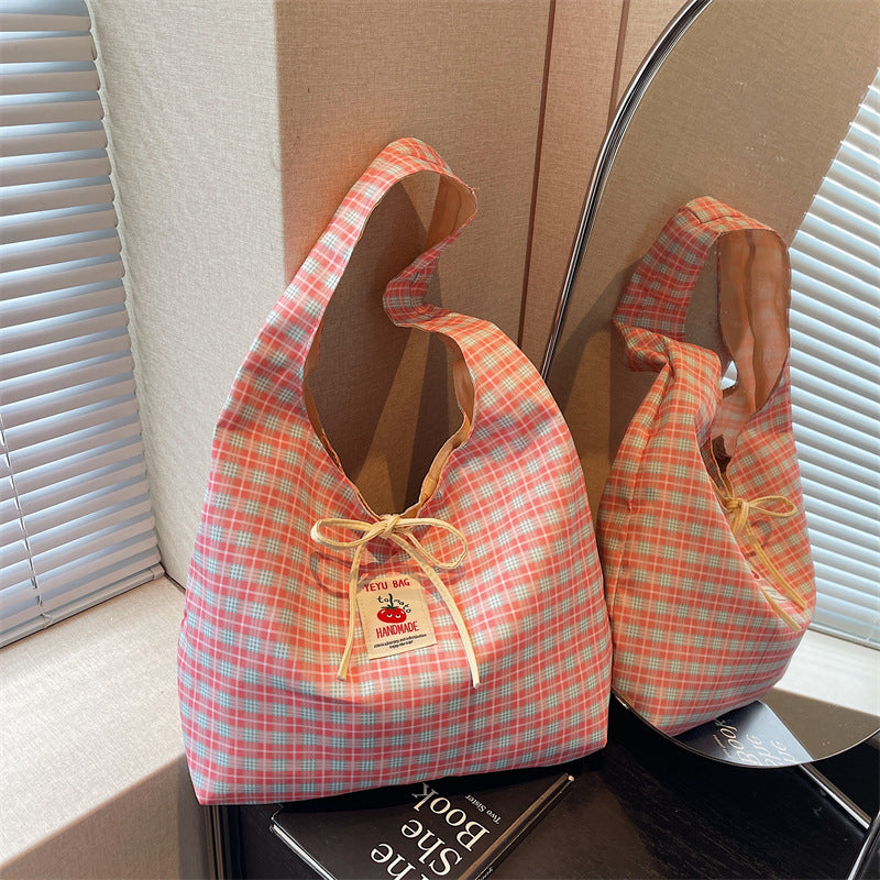 Cute Plaid Shoulder Bag for Women, Soft Nylon Casual Shopping Tote with Drawstring Design, Perfect for Daily Use and Commuting