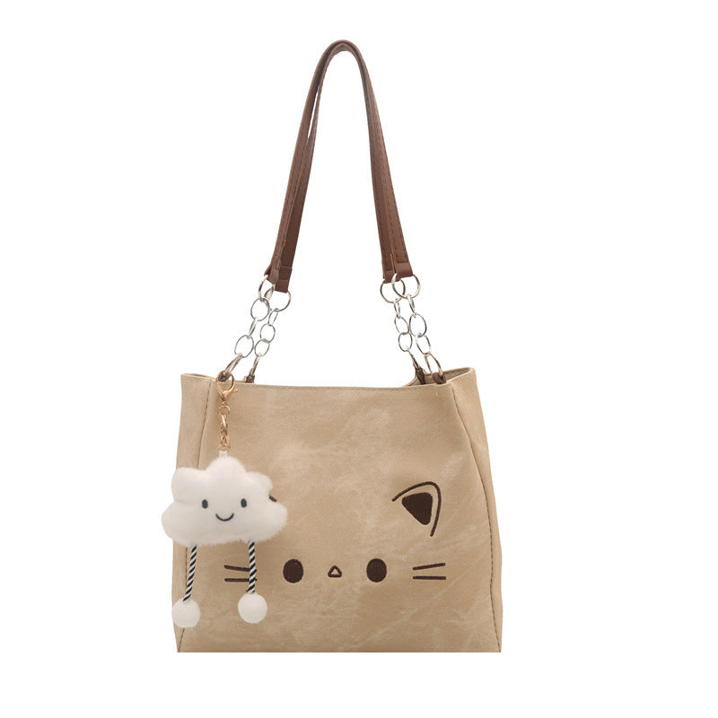 Cute Cat Print Tote Bag with Cloud Charm 2026 Spring New Korean Style Large Capacity Simple Shoulder Bag for Daily Use