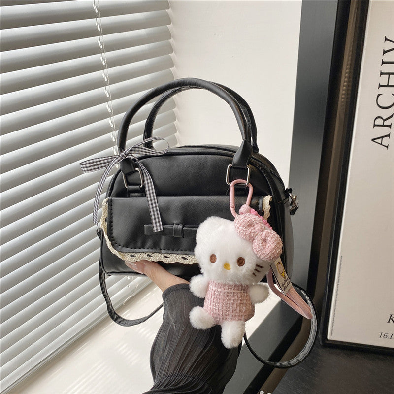 2025 Trendy Minimalist Bow Handbag for Women, Fashionable Crossbody Bag with Cute Plush Charm, Elegant Bowling Shape Design