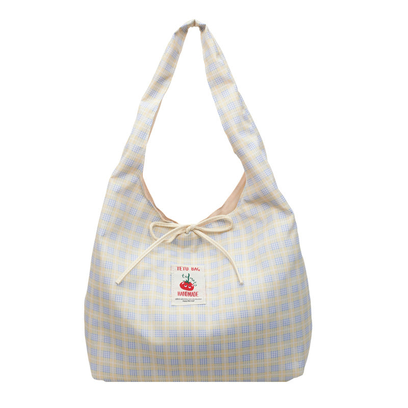 Cute Plaid Shoulder Bag for Women, Soft Nylon Casual Shopping Tote with Drawstring Design, Perfect for Daily Use and Commuting