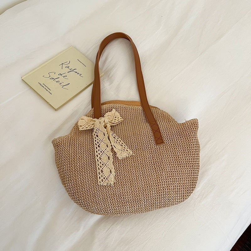 Straw Bag Women's Large Capacity New Summer Solid Color Simple Seaside Holiday Leisure Bag Shoulder Woven Bag