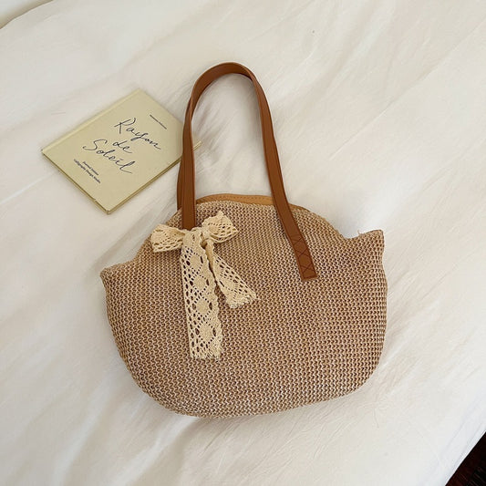 Straw Bag Women's Large Capacity New Summer Solid Color Simple Seaside Holiday Leisure Bag Shoulder Woven Bag