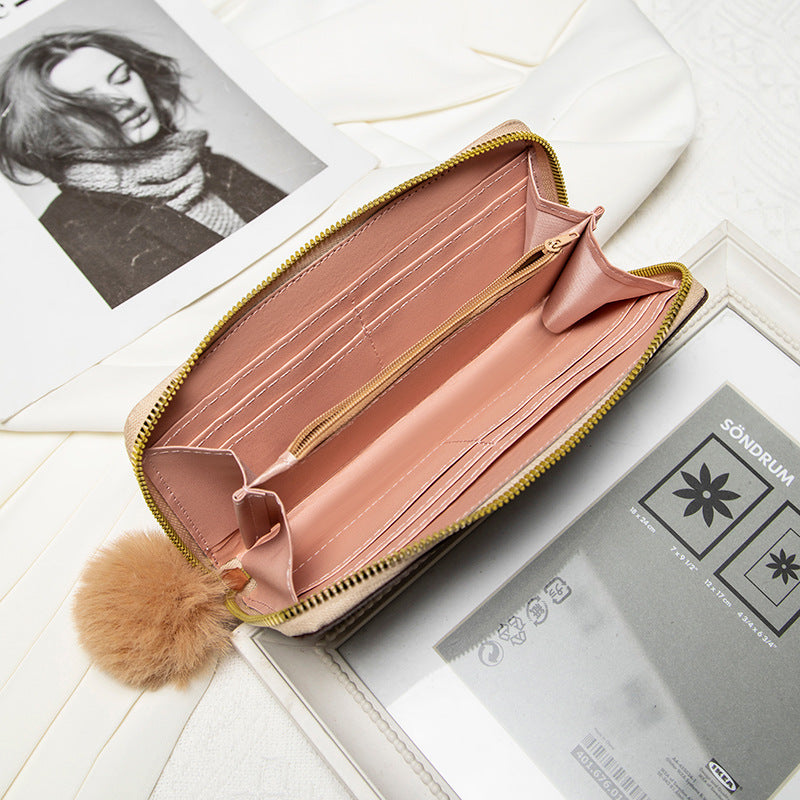 2025 Spring New Printed Long Wallet with Pom-Pom Strap Fashion Women's Clutch Bag