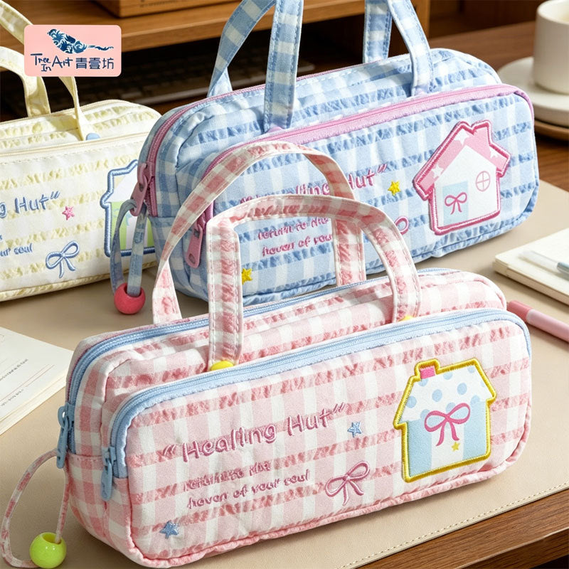 Cute Double-Layer Pattern Lucky Embroidery Pencil Case Large Capacity Portable Portable Ins Style Dopamine Good-looking Stationery
