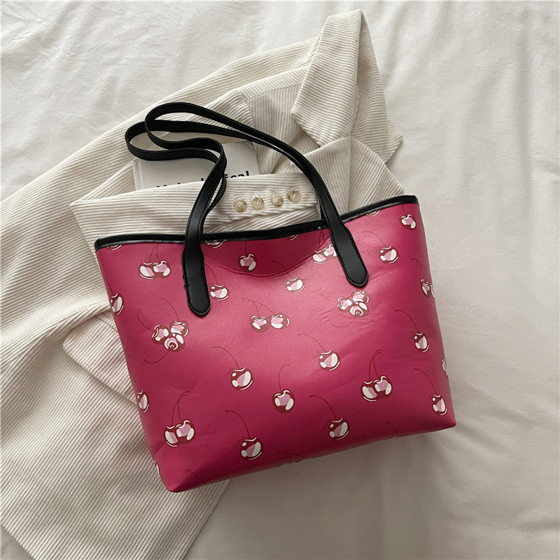 Cherry Printed Tote Women's Fashion Large Capacity Shoulder Bag New Simple Handbag