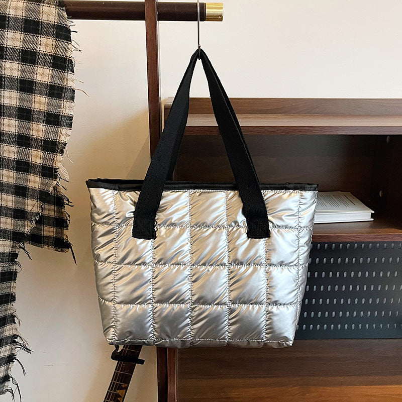 Underarm Bag Women's New Checkered Stitching Handbag Space Cotton Large Capacity down Jacket Tote Bag