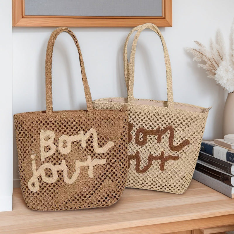 Fashion Letter Embroidery Straw Bag Weaving Hollow Design Vacation Beach Versatile Women's Bag