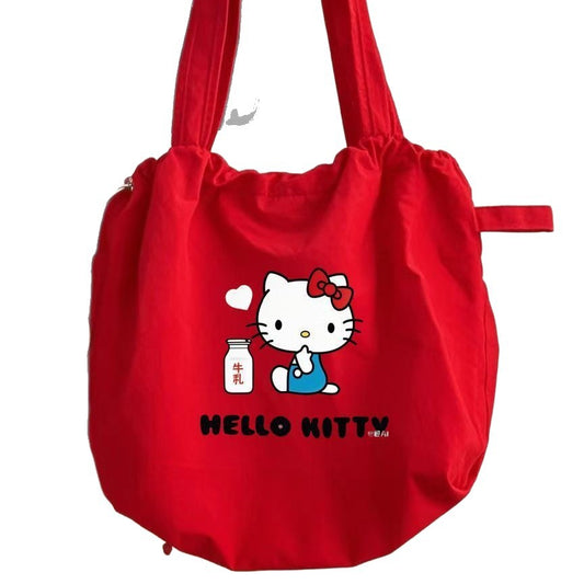 Cute Cartoon Tote Bag with Hello Kitty Print, Large Capacity Soft Canvas Shoulder Bag for Students and Daily Use