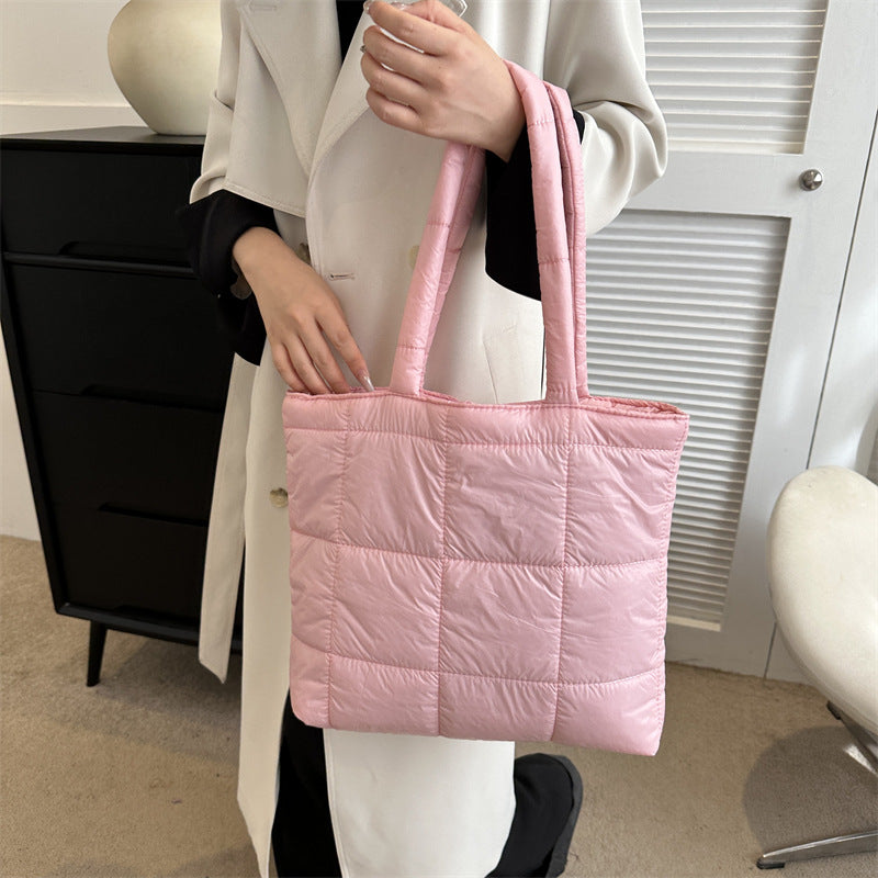 Fashionable Rhombus New Large Capacity Korean Style Solid Color down Cotton Casual Embroidery Thread Western Style Shoulder Handbag