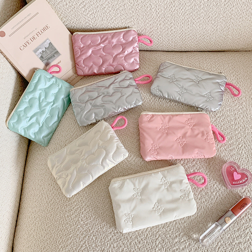 Cosmetic Bag Women Bow Silver Shiny Surface Portable Carry-on Bag Earphone Data Cable Storage Coin Purse