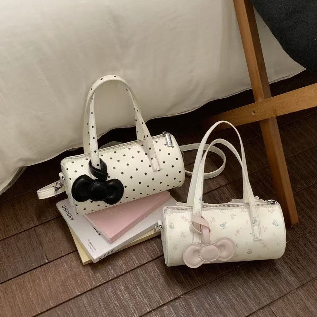 Cute Floral Cylinder Bag with Bow Detail, Fashionable Crossbody Tote for Daily Use