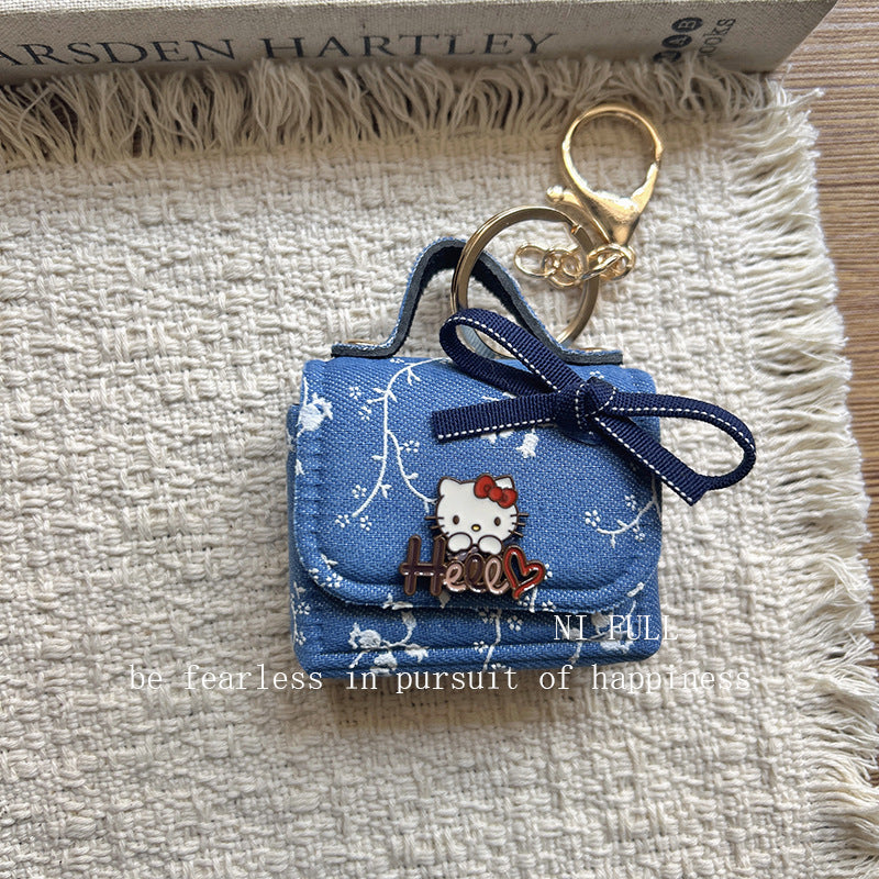 Korean Style New Retro Dots Cartoon Cat Lipstick Pack Pearl Exquisite High Sense Versatile Pendant Keychain for Women