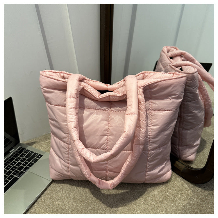 Fashionable Rhombus New Large Capacity Korean Style Solid Color down Cotton Casual Embroidery Thread Western Style Shoulder Handbag