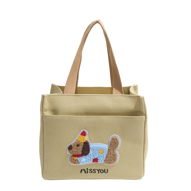 Cute Embroidered Dachshund Canvas Tote Bag for Women, Simple Daily Use Handbag with Phone Pocket and Zipper Closure