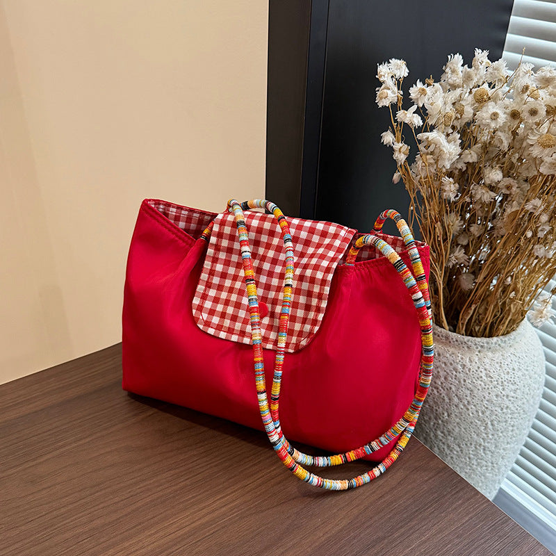 2025 New Large Capacity Canvas Tote Bag with Checkered Flap and Beaded Strap, Street Style Everyday Shoulder Bag for Women