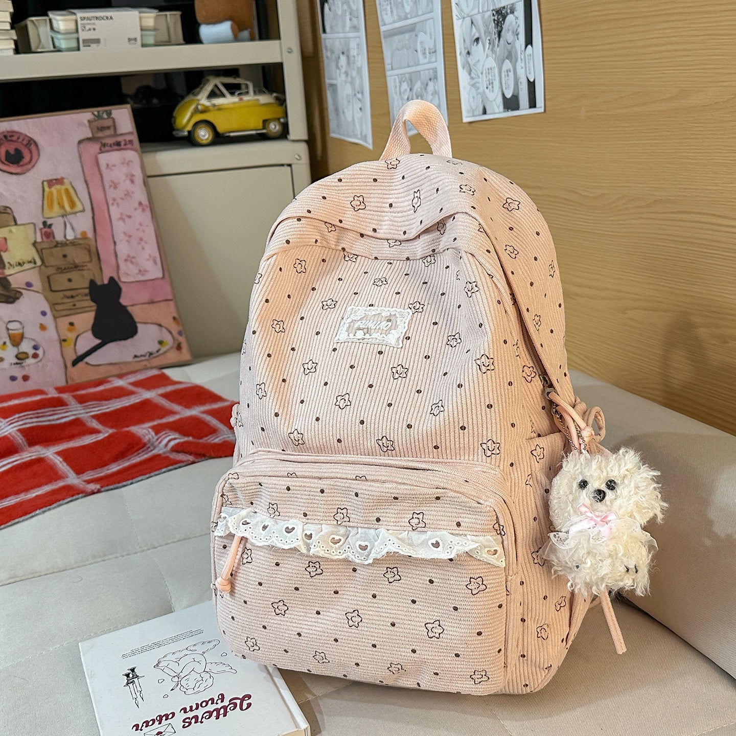 Artistic Fresh Student Backpack Soft Corduroy Material Lace Large Capacity Breathable Design