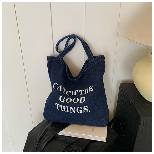 Korean Style Letter Ins Style Denim Bag Large Capacity Versatile Casual Shoulder Bag Trendy Personality Tote Bag