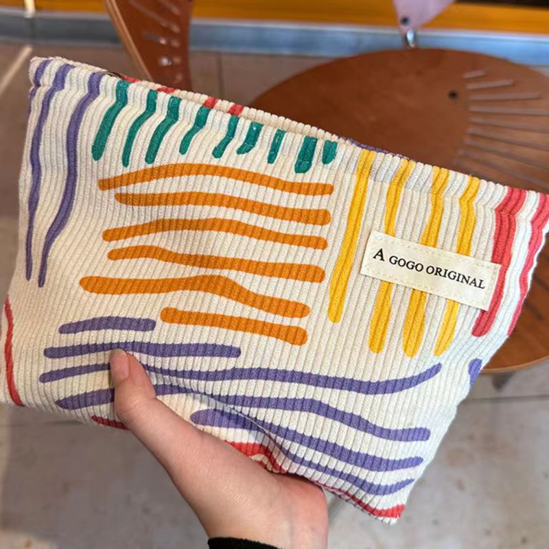 Ladies Cosmetic Bag Fashion Corduroy Contrast Color Striped Make-up Bag Cosmetic Bag Portable Travel Daily Storage Toiletry Bag