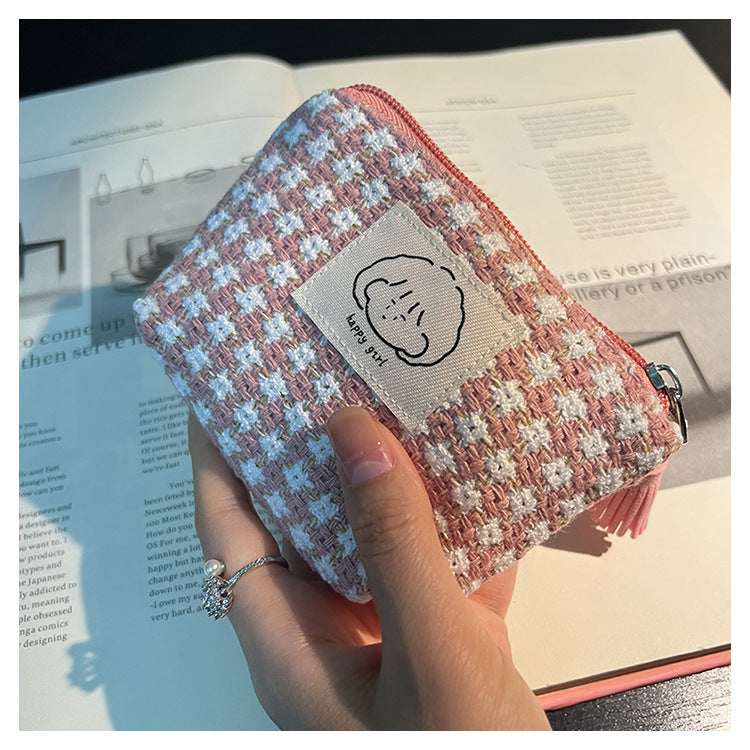 Japanese Style Simple Small Wallet Girls' Woven Plaid Fabric Bag Mini Zipper Coin Pocket