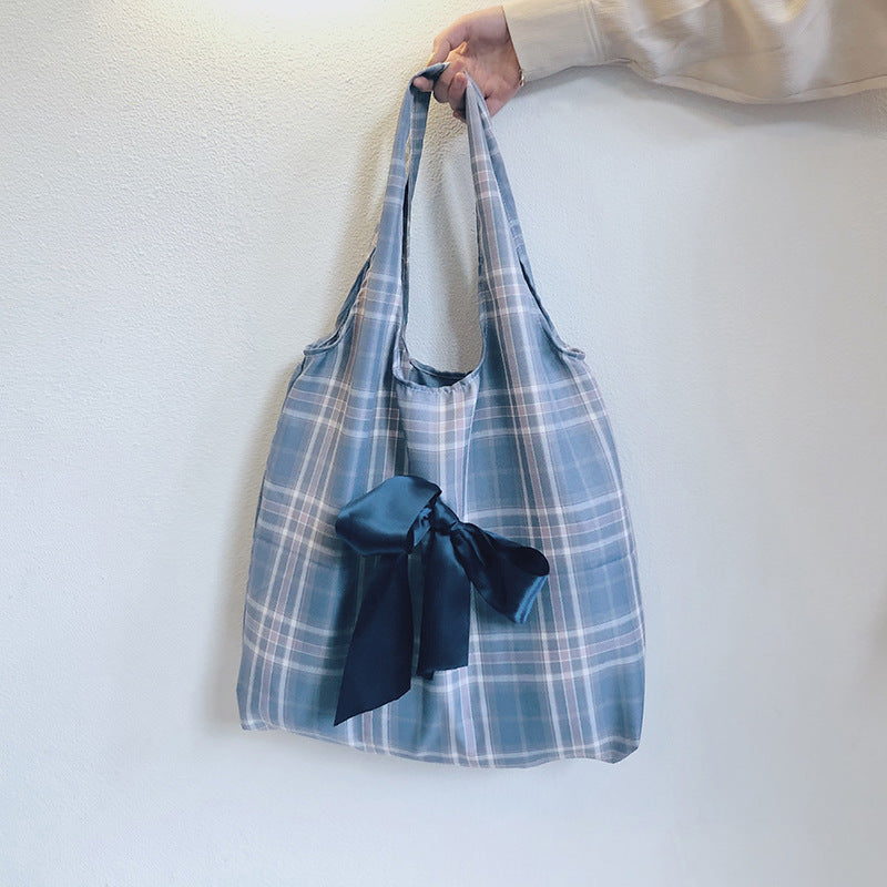 Cute Plaid Tote Bag with Satin Bow for Women, Large Capacity Shoulder Bag, Fresh and Sweet Style