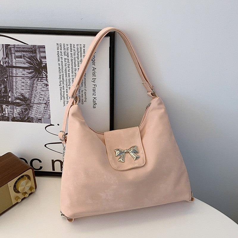 New Fashion Simple Bow Shoulder Bag Women's Lightweight Pu Material Elegant Design Practical Large Capacity Everyday Joker