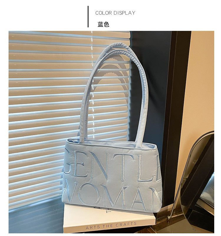 Elegant Embroidered Letter Tote Bag for Women, Stylish Satin Design with Double Handles and Zipper Closure