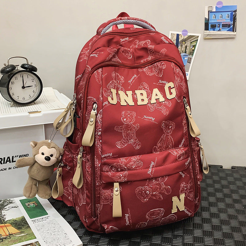 Fashionable Letter Print Backpack for Kids and Students, Breathable Nylon School Bag with Cute Bear Pattern