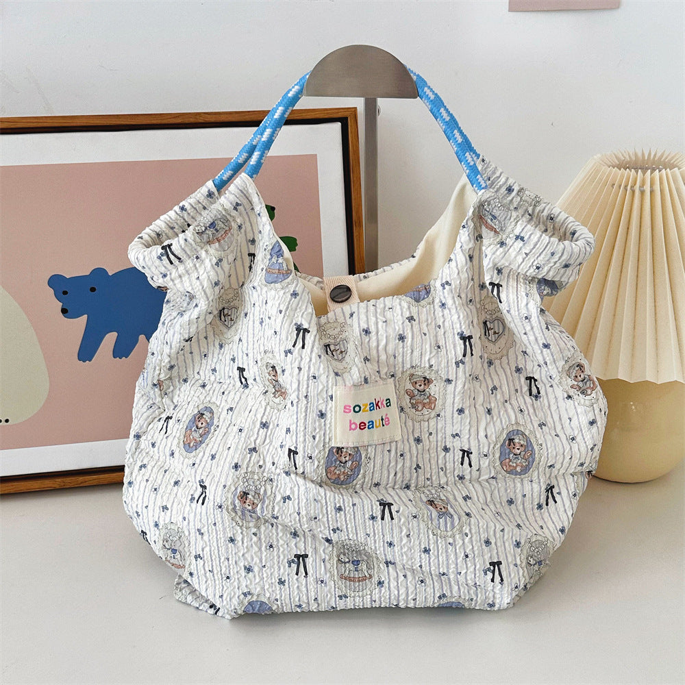 Korean Cartoon Embossed Canvas Bag Women's Large Capacity Canvas Bag Portable Beach Vacation Handbag