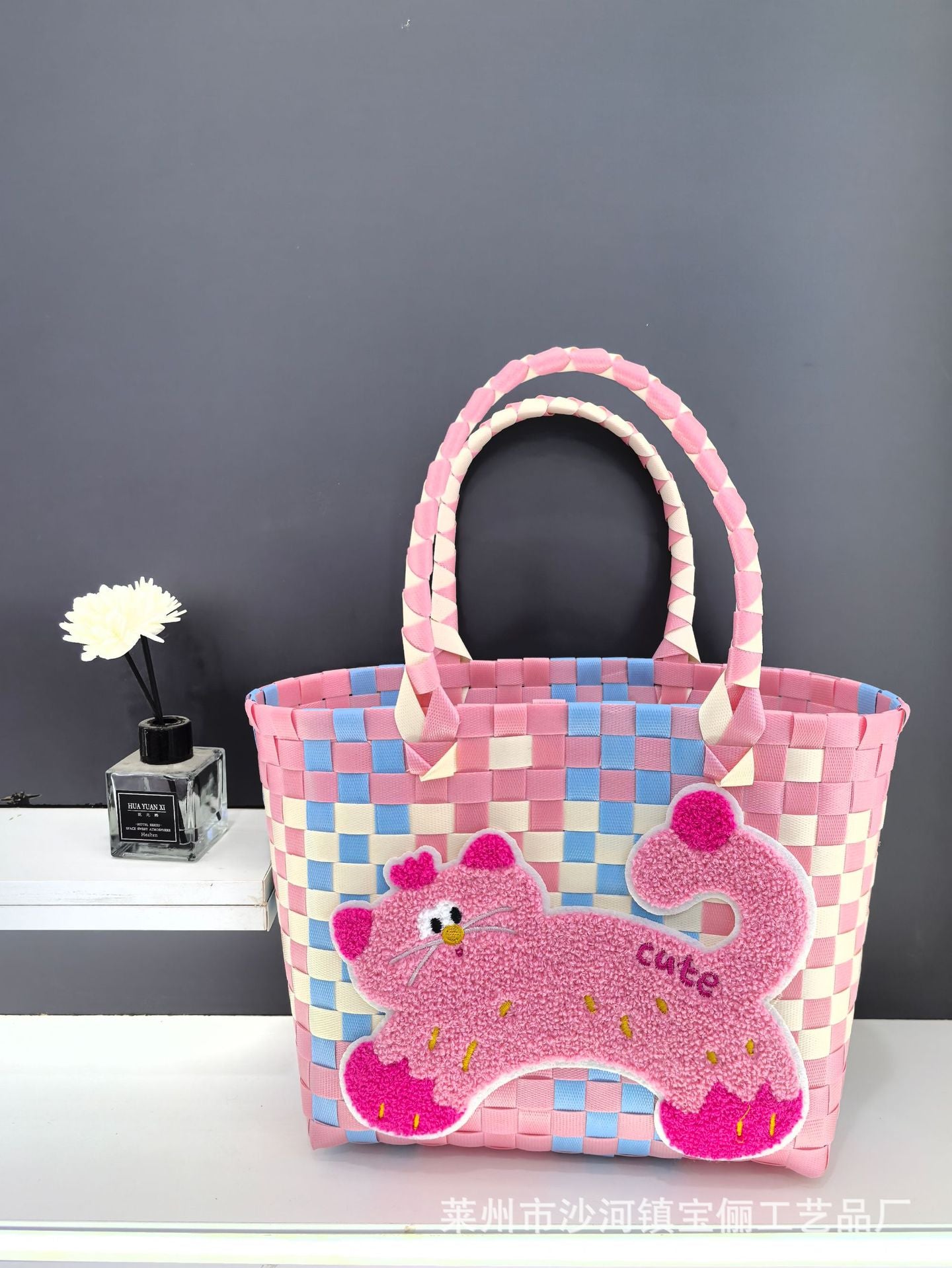 Spring Outing Picnic Bag Portable Plastic Woven Bag Large Capacity Woven Bag Cute Pink Fresh Color Matching Plaid