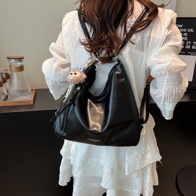 2025 New Korean Style Soft PU Tote Bag with Folded Design and Cute Charm, Perfect for Daily Commute and Casual Wear