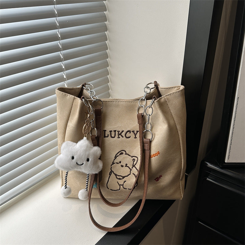 Cute Cat Print Tote Bag with Cloud Charm 2026 Spring New Korean Style Large Capacity Simple Shoulder Bag for Daily Use