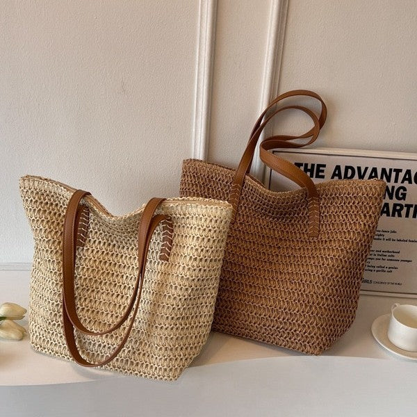 Summer Beach Straw Tote Bag Women's Casual Woven Shoulder Bag with Zipper Pocket for Daily Use