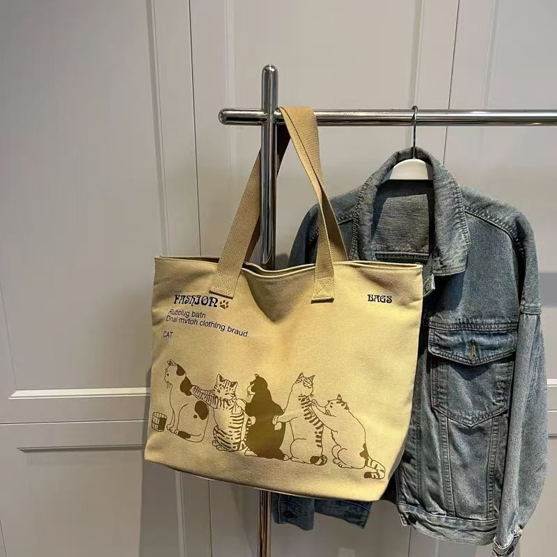 Fashionable Canvas Tote Bag with Cute Cat Print, Large Capacity Shoulder Bag for Daily Use and Travel